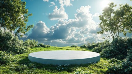white podium backdrop with grass field and sky background catoon