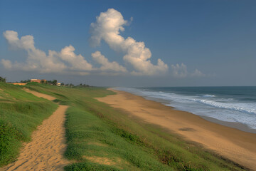 Obraz premium Serene coastal path meanders along sandy beach, lush green dunes under a vibrant blue sky with fluffy clouds. A tranquil escape.