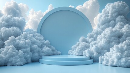 white podium with blue sky and softclouds product display background catoon