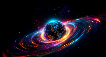 A vibrant planet glows in the dark expanse of space, embraced by luminous, swirling bands of colorful cosmic energy, creating a dynamic scene.