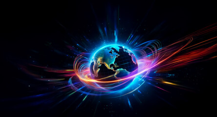 A glowing earth is encircled by vibrant streaks of light against a dark backdrop.  Dynamic energy flows around the planet in a burst of cosmic radiance.