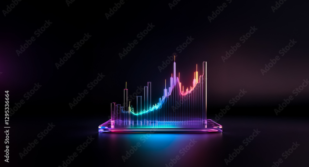 Poster vibrant, glowing bar chart display on a dark reflective surface. the colorful, abstract representati