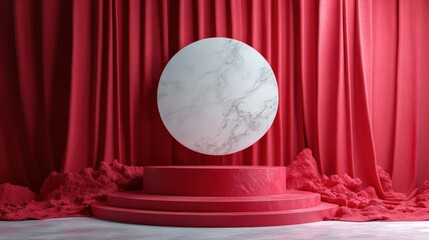 white product podium on red silk background product stage for product demonstration catoon