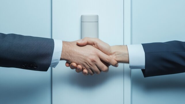 Executive departures with a symbolic handshake in the office doorway. Featuring career shift and leadership change