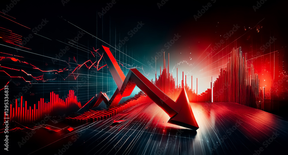 Poster a bold red arrow sharply descends against a backdrop of dark, dynamic graphs, visually representing 
