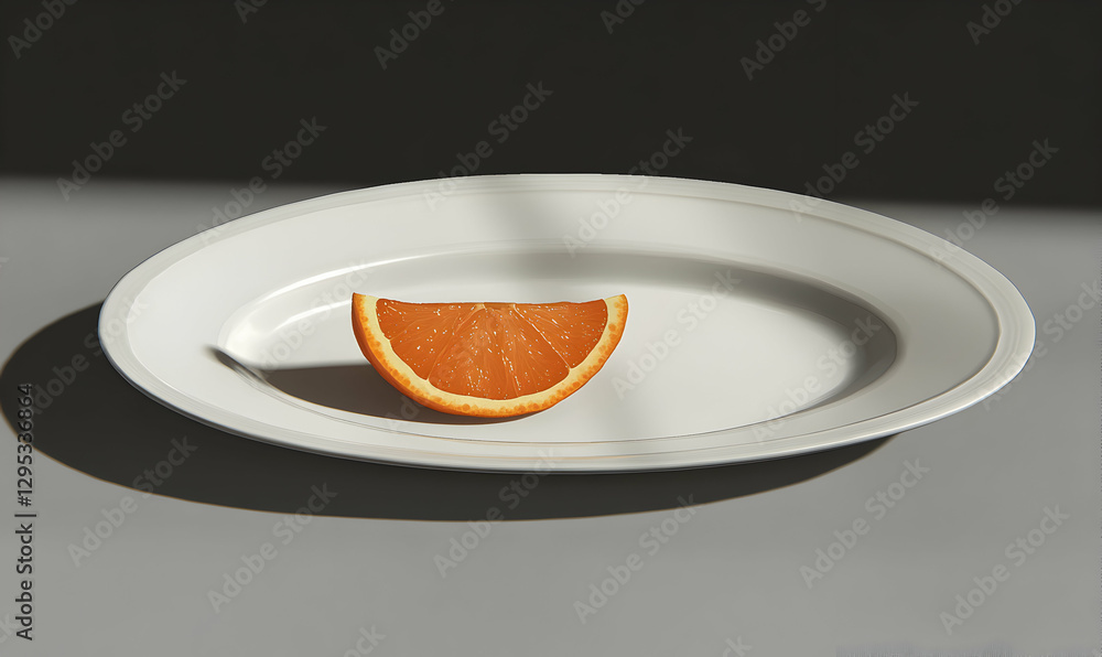 Poster a single slice of orange rests on a pristine white plate, bathed in soft light, creating a minimalis