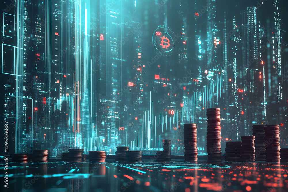 Poster cryptocurrency visualization with digital data overlay, a futuristic depiction of blockchain technol