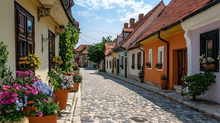 Fototapeta premium Charming Cobblestone Street with Colorful Houses in Sighisoara, Romania