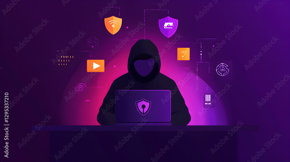 Poster cyber security concept, a hacker in a hoodie using a laptop to breach system defenses, illustrated w
