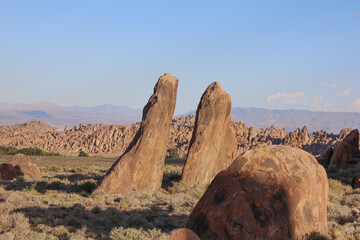 Golden hour at Alabama hills, california, cool rock formations, 