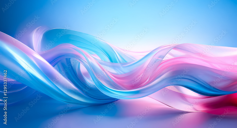 Poster abstract waves of blue, pink, and white colors smoothly blend creating a gentle and modern design. s