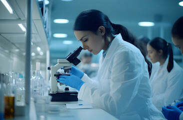 Dedicated female scientist in a research laboratory focused on analyzing a sample using a microscope with colleagues in the background, advancing science