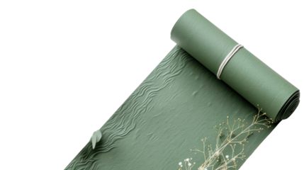 Green yoga mat partially rolled up with transparent background