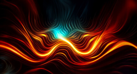 Abstract image featuring flowing wavy lines in vibrant orange, red, and blue hues. A bright light emanates from the center, creating a dynamic effect.