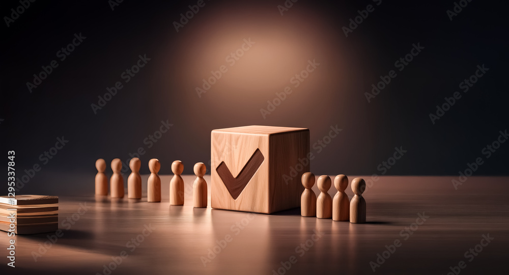 Poster wooden figures are positioned around a cube displaying a checkmark symbol, illuminated in a dark set
