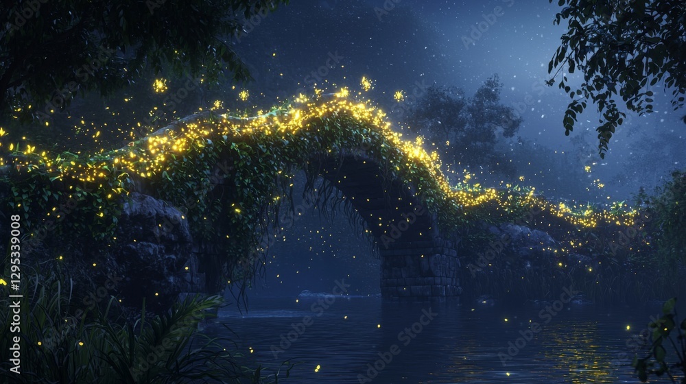 Aufkleber enchanted night scene with glowing fireflies and illuminated vines over a tranquil bridge in a seren