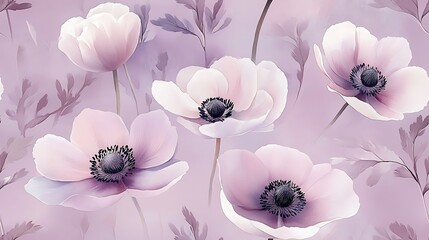 A vintage watercolor botanical illustration of blooming anemones, featuring soft pink and white petals with delicate details, set against a muted lavender background, painted with precise,