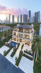 Sunset Waterfront Mansion, City Skyline