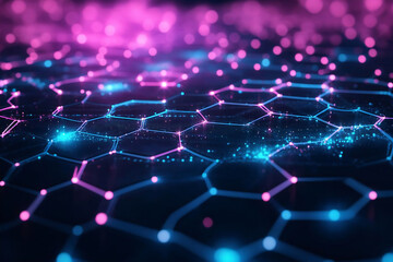 近未来の輝く六角形ネットワークとデジタル空間