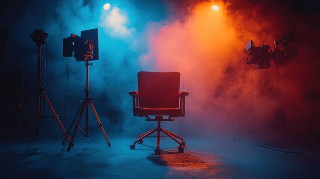 Studio chair, filming setup, vibrant lighting, smoke background