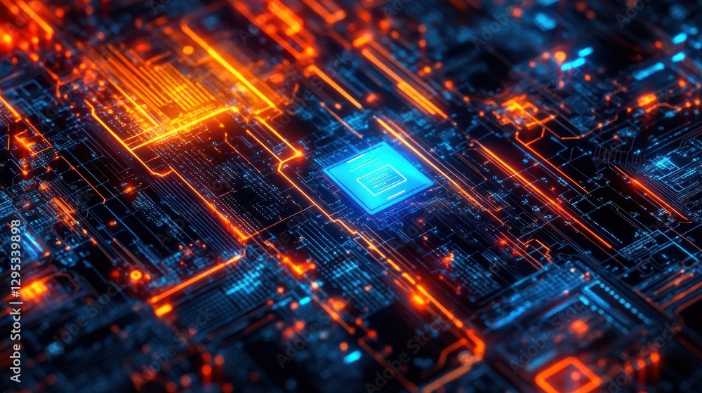 Poster futuristic circuit board with luminous lines and bright microprocessor in a high-tech digital enviro