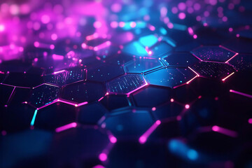 近未来の輝く六角形ネットワークとデジタル空間
