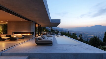 Modern villa terrace with infinity pool at sunset