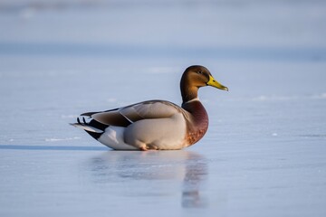 Obraz premium mallard duck standing on frozen ice during sunny winter day