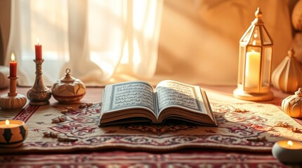 Quran Open on Prayer Mat with Candles and Lantern