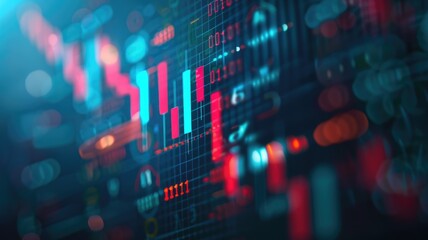 Colorful data visualization with glowing bar charts and light effects. Laptop display vibrant colorful increasing stock market. Financial statistic design. Digital technology theme for design. AIG53.