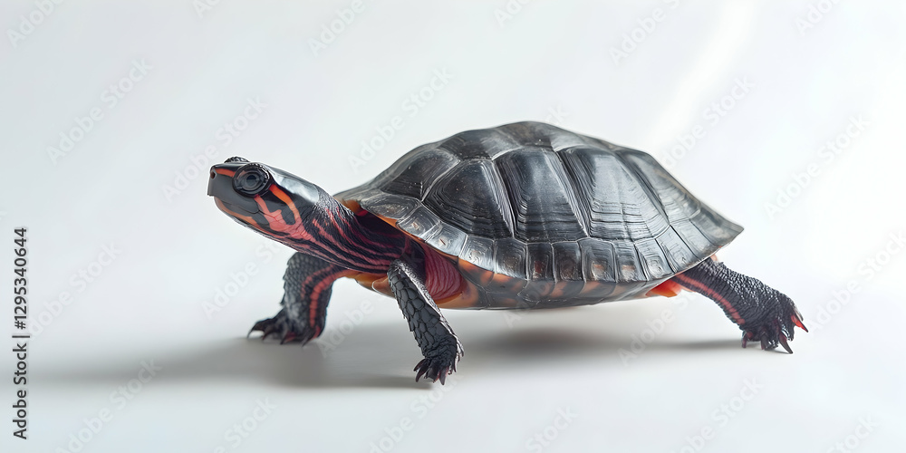 Poster detailed close-up studio shot showcasing the exquisite markings of a painted turtle against a pristi