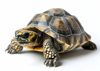 Fototapeta premium Detailed close-up studio shot of a Yellow-footed tortoise against a clean white background, showcasing its textured shell and intricate skin patterns