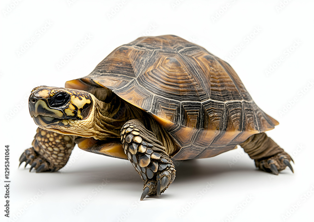 Poster detailed portrait of a yellow-footed tortoise on white background showcasing shell patterns and text