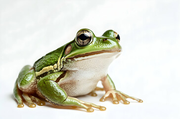Fototapeta premium Detailed Portrait of a Green Tree Frog with Striking Eyes on a Clean White Background, Capturing the Essence of Wildlife and Natural Beauty
