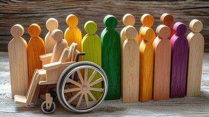 inclusive workplace culture Wooden figures and wheelchair symbolizing inclusivity and diversity.