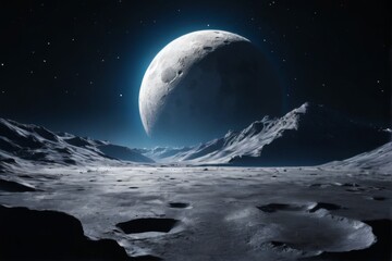 Obraz premium Dramatic digital illustration of moon surface with bright blue light, creating aweinspiring scene in dark background.