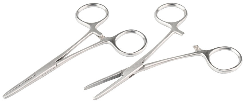 Forceps tool. Kelly forceps scissors. Stainless steel hemostatic forceps surgical forceps with locking clamps. Fishing pliers curved, straight tip. Fishing hook extractor. Medical instrument, supply
