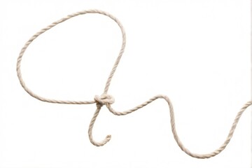 Closeup of lightcolored cotton rope with intricate knot, set against white background for striking visual contrast.