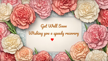 Get well soon card with a heartwarming bouquet of carnation, expressing wish for a speedy recovery.
