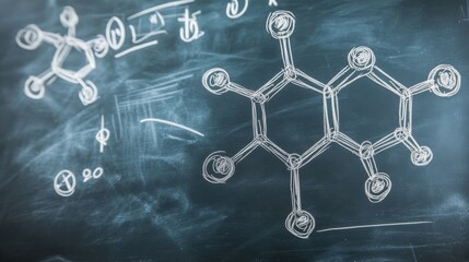 Detailed Sketches of Chemical Structures on a Chalkboard Surface with Scientific Notations and Symbols