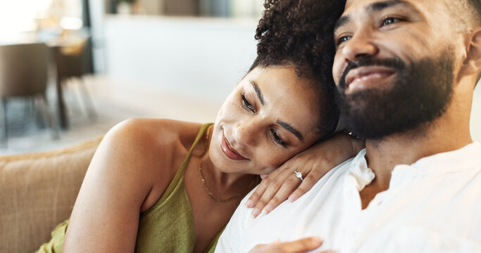Love, happy and couple on sofa relax for bonding, loving relationship and enjoy weekend together. Marriage, home and man and woman embrace on couch for affection, romance and smile in living room - Powered by Adobe