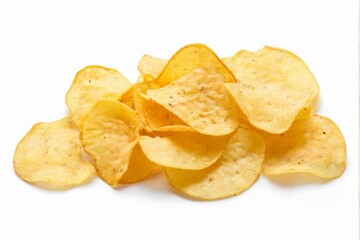 Golden brown freshly made potato chips arranged in a scattered manner on a white background, with rough, bumpy texture.