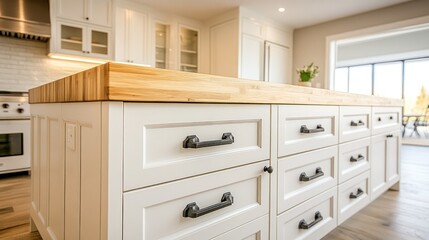 Modern white kitchen island with wooden countertop