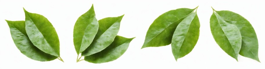 Obraz premium Fresh green leaves in triangular formation with glossy texture, varied sizes, and shapes on white background.