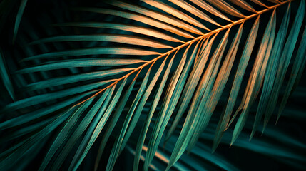Obraz premium Dramatic Teal and Gold Palm Fronds, A Study in Tropical Elegance and Contrasting Hues for Botanical and Design Applications, Striking Visual Impact