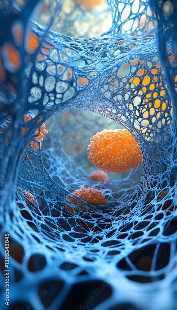 Aufkleber microscopic view of cells within a blue web like structure