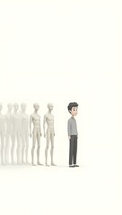 Simple 2D illustration of a person merging into a row of identical mannequins, symbolizing loss of individuality in society, on a plain white background.
