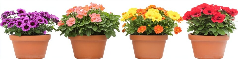 Colorful potted flowers in terracotta pots against white background