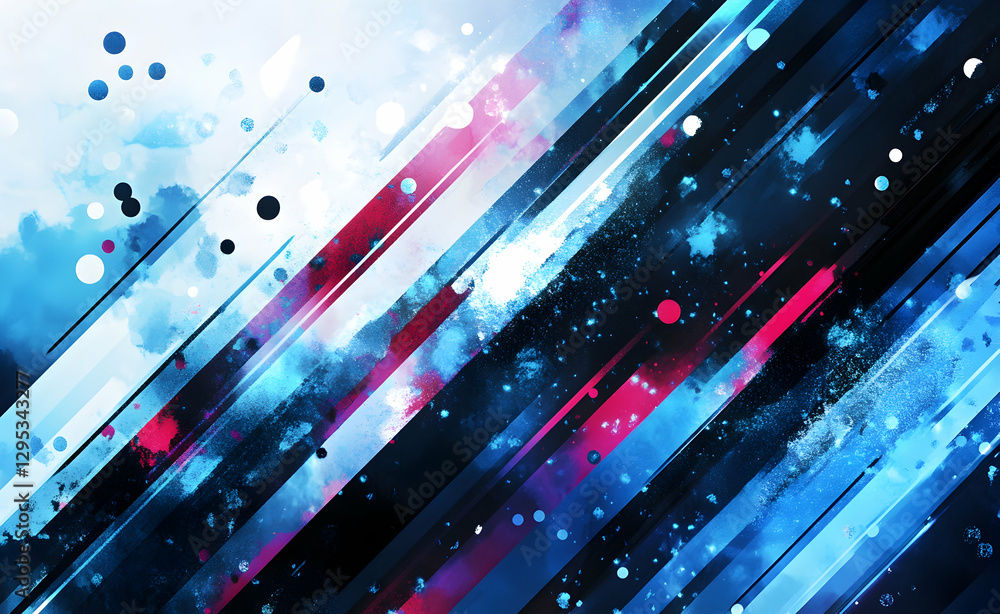 Poster dynamic abstract composition with diagonal lines, spheres, and splashes of color, evoking modernity,
