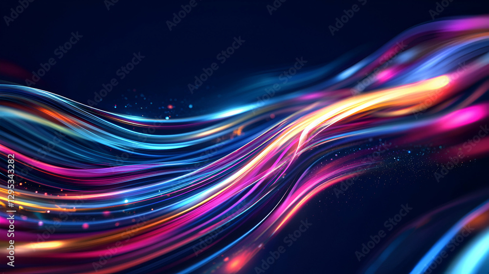 Poster dynamic flow of vibrant light trails on a dark backdrop, creating a sense of movement and energy, pe